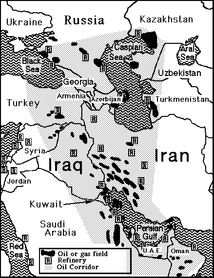 Note the numerous oil and gas fields located in Iran; more than 70% of the total world oil supply is in the Oil Corridor