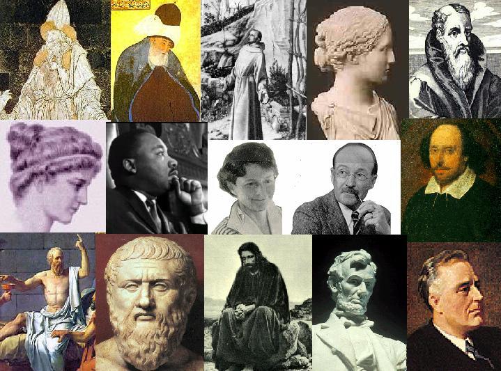 Hermes, Rumi, Francis of Assisi, Diotima, Boethius, Hypatia, Martin Luther King, Betty White, Stewart Edward White, Shakespeare, Socrates, Plato, Jesus, Lincoln, Franklin D. Roosevelt